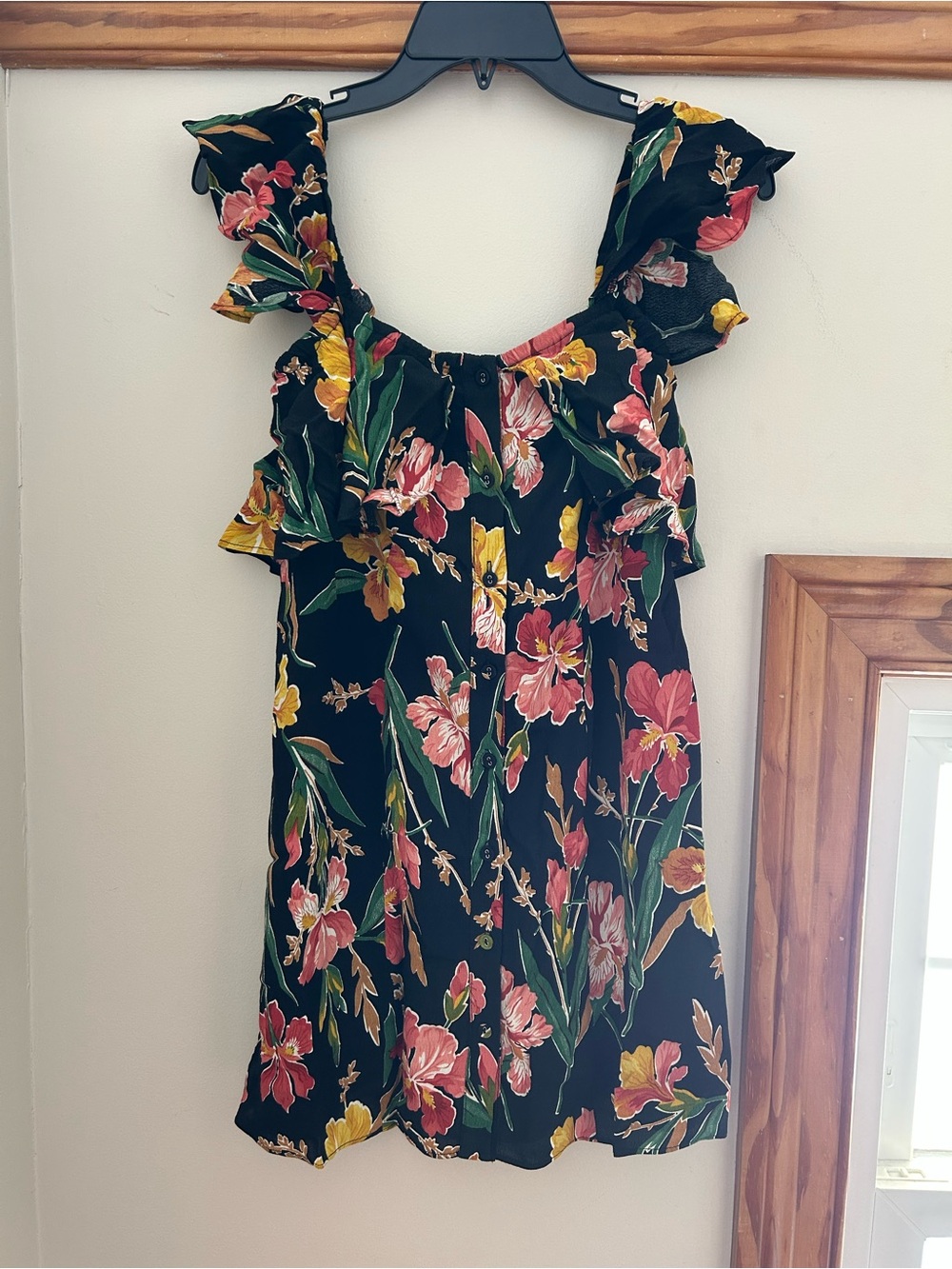 Floral Ruffle Sleeve Sundress - Black with Pink & Yellow Blooms